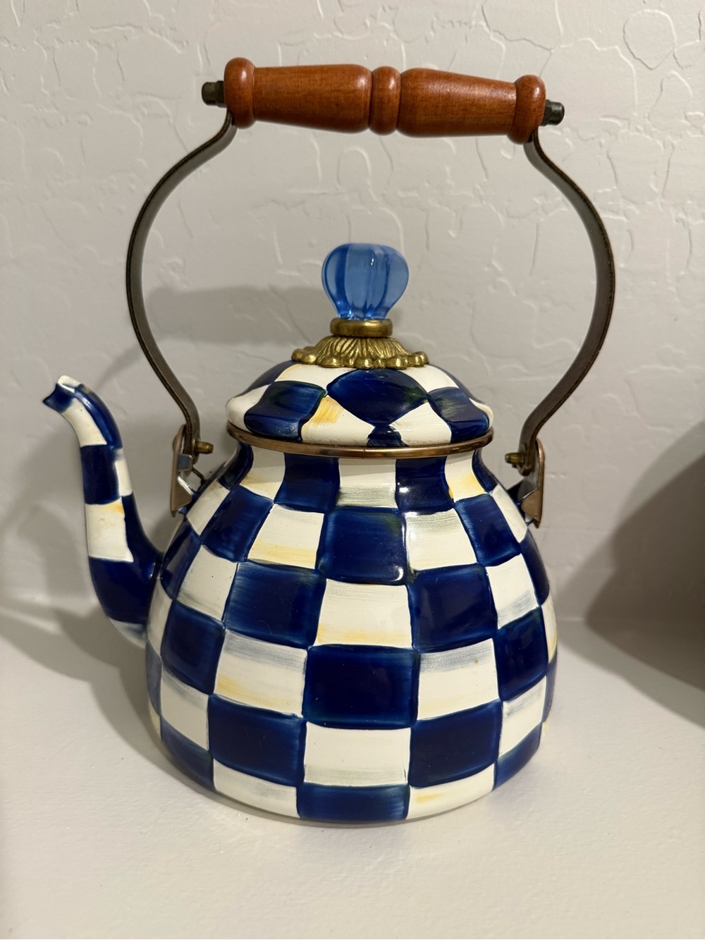 MacKenzie-Childs Royal Check 2QT Navy and White Checkered Ceramic Teapot